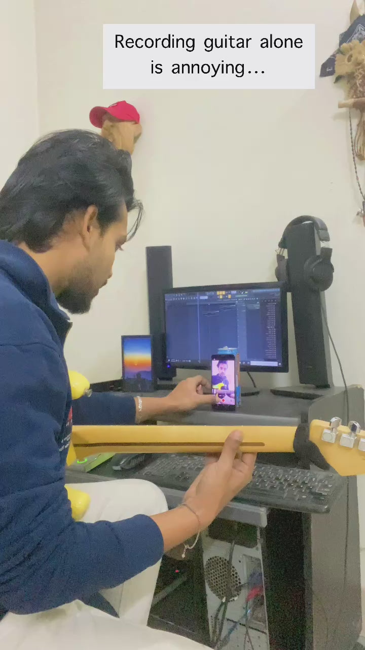 Side-by-side comparison video showing the difficulty of recording guitar covers with a shaky phone setup versus using a stable 360-degree guitar headstock phone mount for professional POV filming.